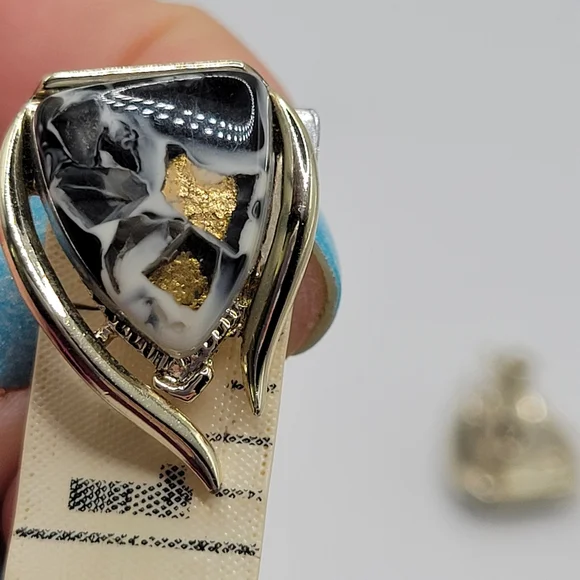 VTG Coro Demi-Parure: Gold Tone Setting | White, Black, Gold "Confetti" | SIGNED - Picture 13 of 13